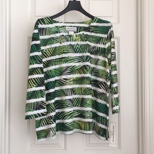 Alfred Dunner Women’s Top PXL Petite Green White Leaf Tropical 3/4 Sleeves NWT